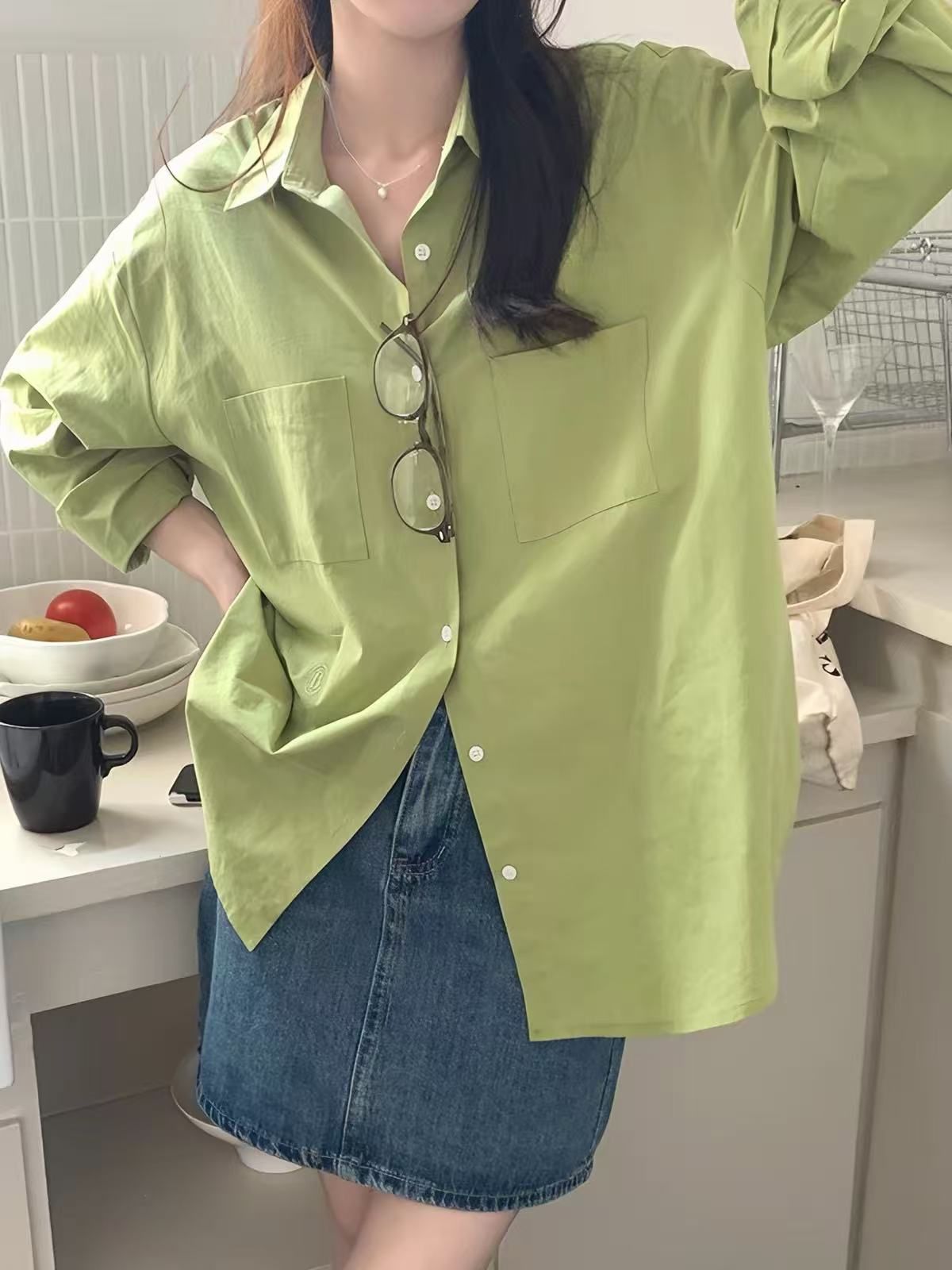 100% Cotton Light Purple Long Sleeve Shirt for Women 2026 Autumn Loose Casual Minimalist Top