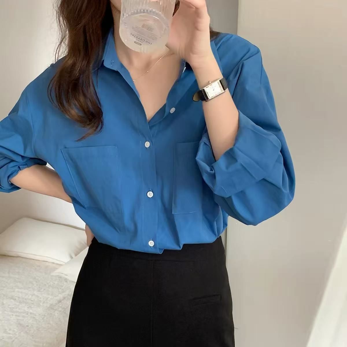 100% Cotton Light Purple Long Sleeve Shirt for Women 2026 Autumn Loose Casual Minimalist Top - Image 3