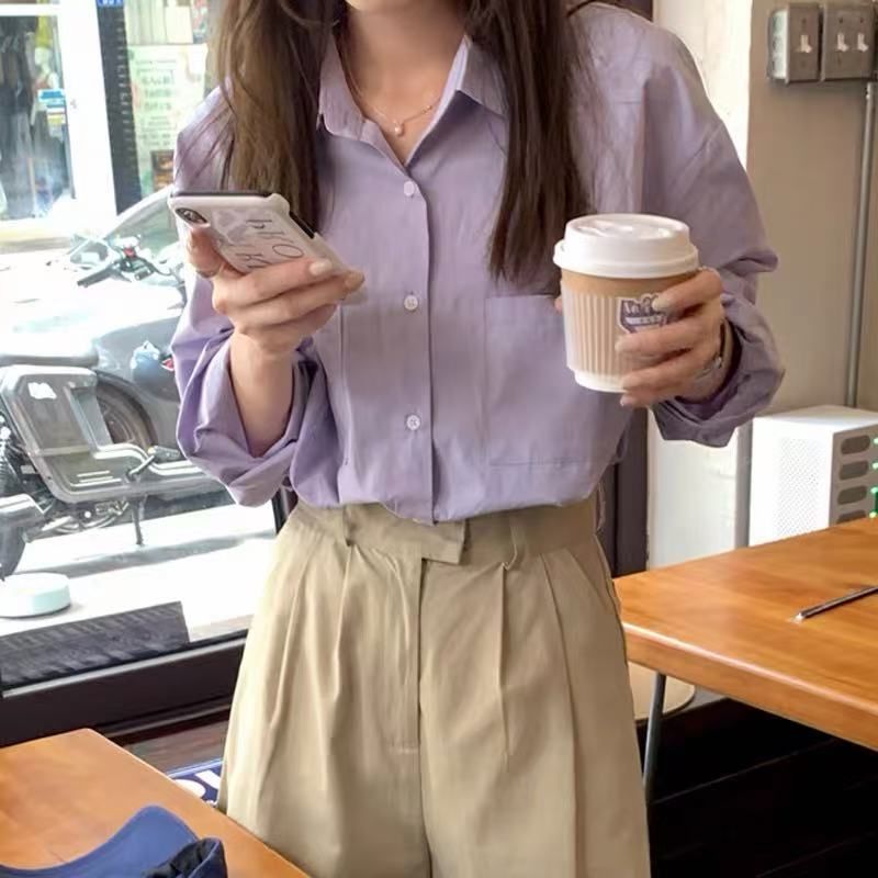 100% Cotton Light Purple Long Sleeve Shirt for Women 2026 Autumn Loose Casual Minimalist Top - Image 4