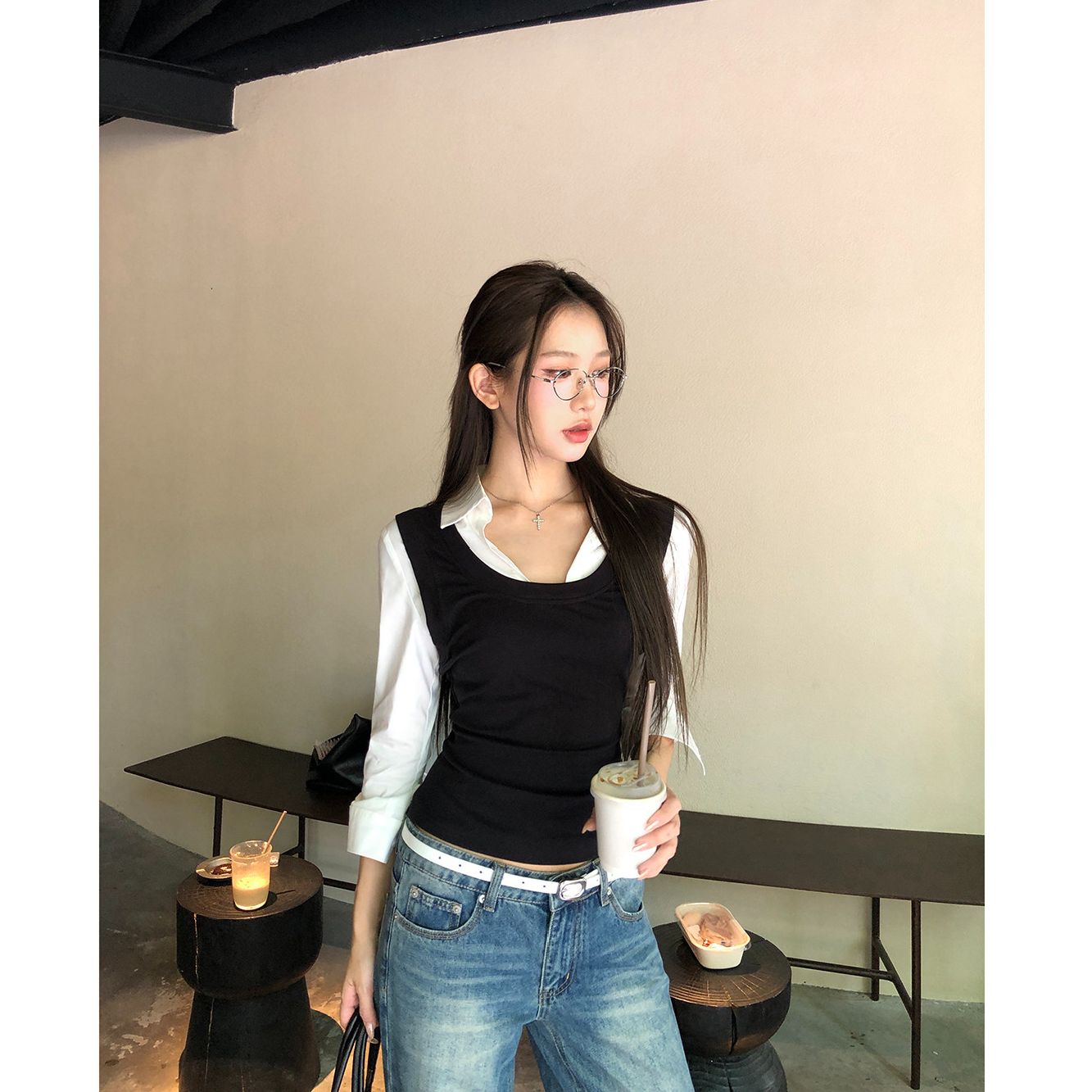 Women's French Style Faux Two-Piece Long Sleeve Shirt with Waist