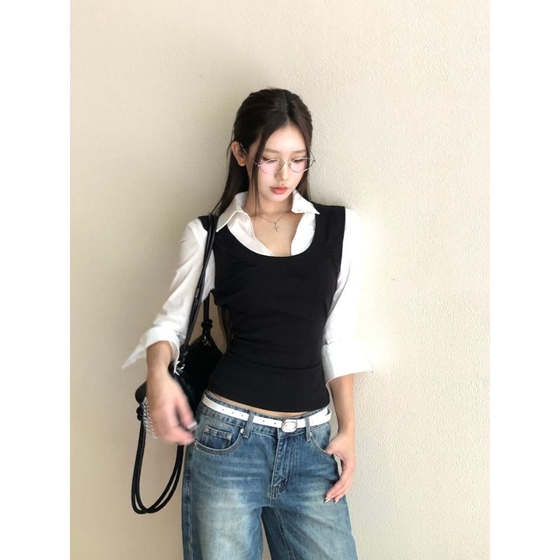 Women's French Style Faux Two-Piece Long Sleeve Shirt with Waist - Image 2