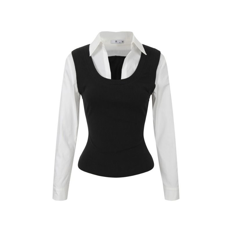Women's French Style Faux Two-Piece Long Sleeve Shirt with Waist - Image 5