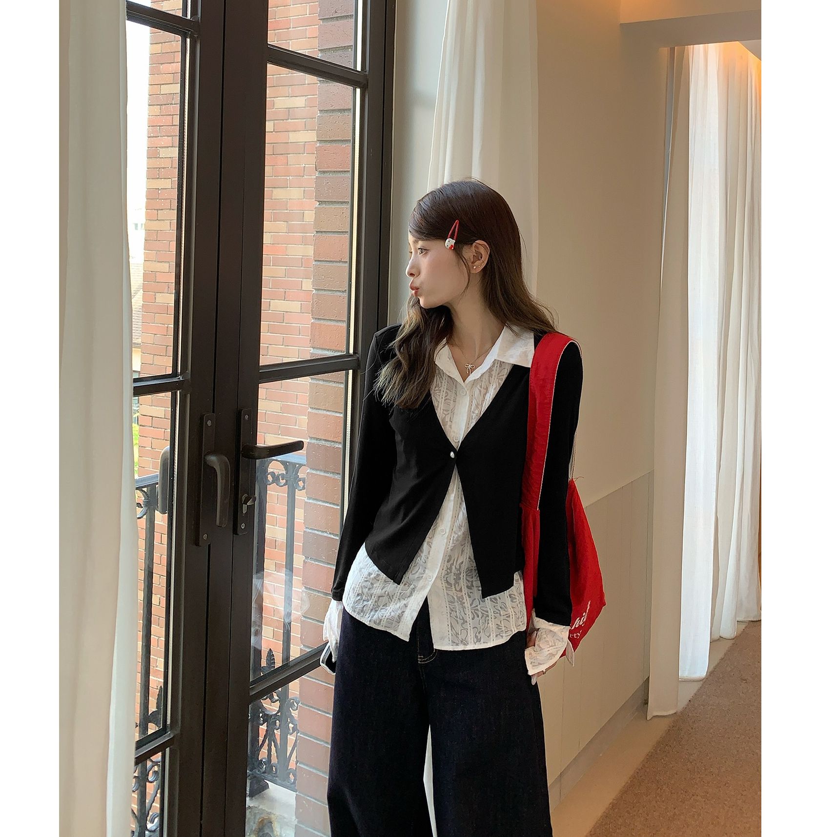 Women's Faux Two-Piece Spliced Long Sleeve T-Shirt Slim Fit Base Layer Top - Image 2