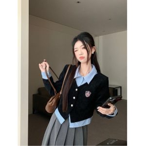 Preppy Faux Two-Piece Polo Collar Long Sleeve Shirt for Women Early Autumn
