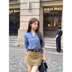 Women's Blue Long Sleeve V-Neck Shirt Summer Loose Sun Protection Blouse