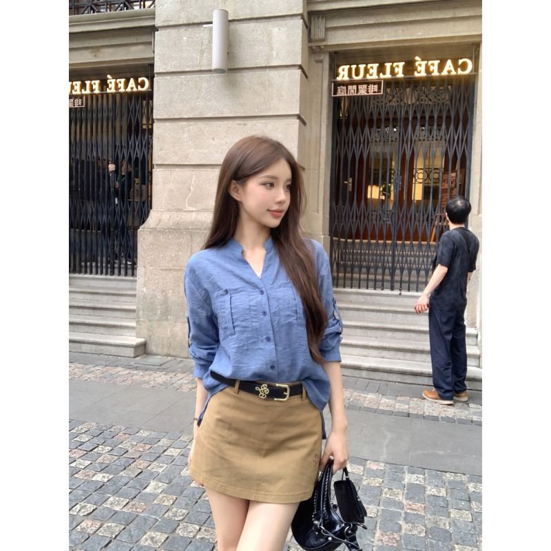 Women's Blue Long Sleeve V-Neck Shirt Summer Loose Sun Protection Blouse