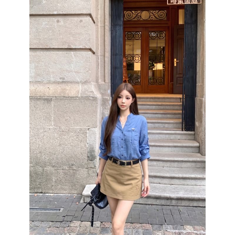 Women's Blue Long Sleeve V-Neck Shirt Summer Loose Sun Protection Blouse - Image 3