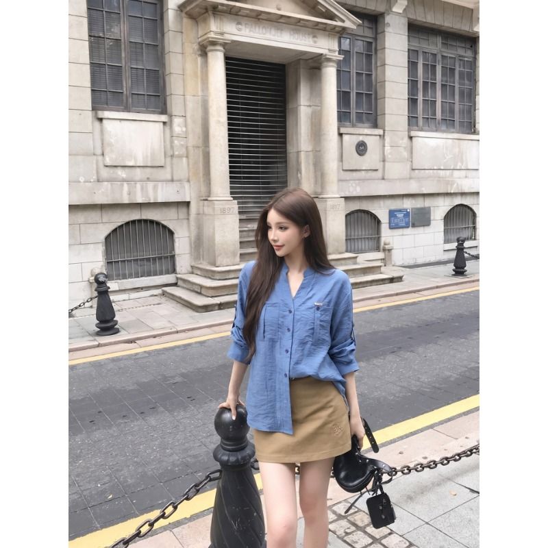 Women's Blue Long Sleeve V-Neck Shirt Summer Loose Sun Protection Blouse - Image 5