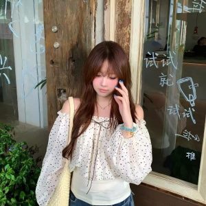 Women's Off-Shoulder Polka Dot Chiffon Long Sleeve Blouse