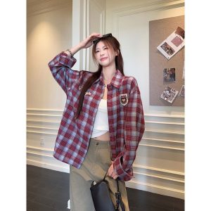 American Trendy Casual Retro Embroidered Plaid Shirt Jacket for Women 2026 Fall New Collared Top