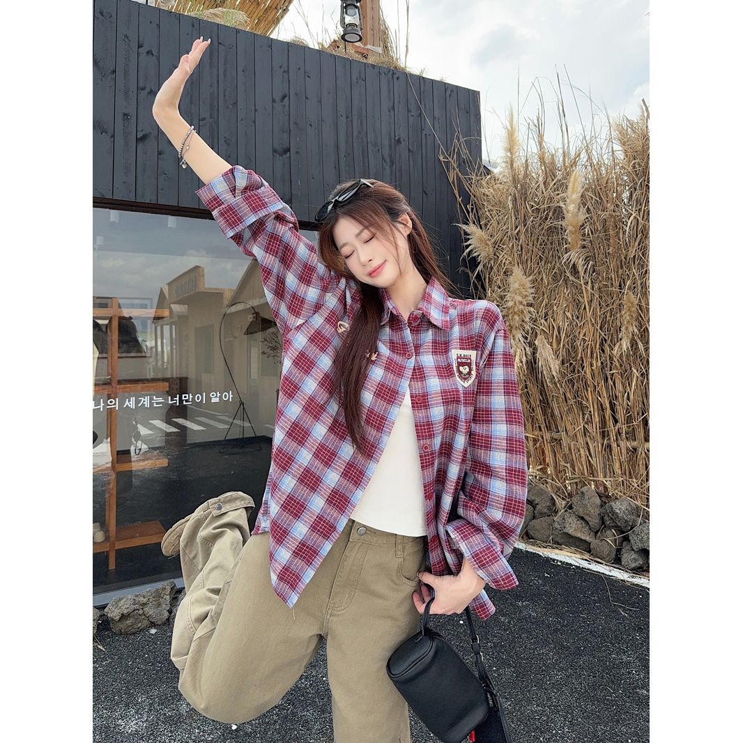 American Trendy Casual Retro Embroidered Plaid Shirt Jacket for Women 2026 Fall New Collared Top - Image 2