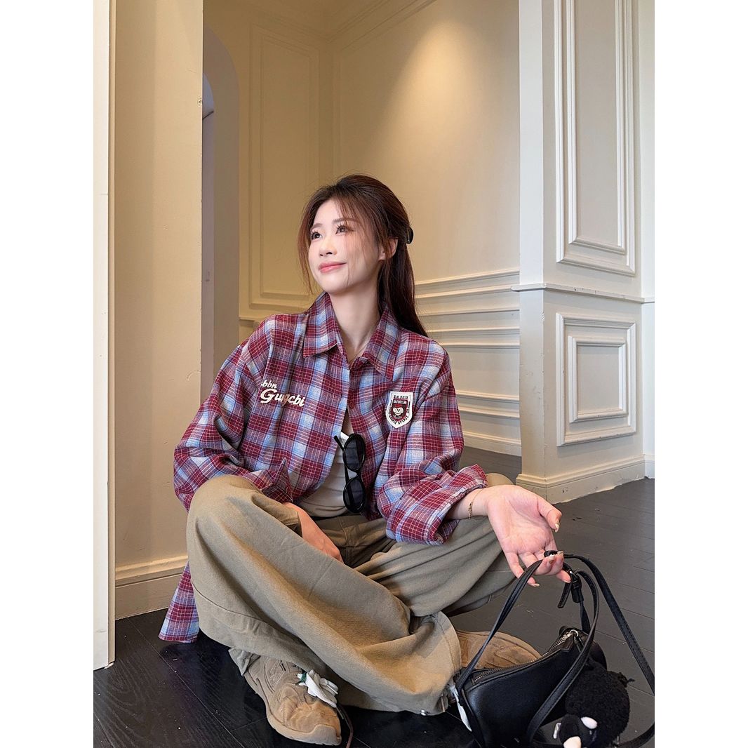 American Trendy Casual Retro Embroidered Plaid Shirt Jacket for Women 2026 Fall New Collared Top - Image 3