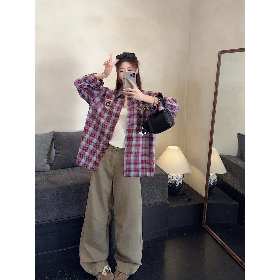 American Trendy Casual Retro Embroidered Plaid Shirt Jacket for Women 2026 Fall New Collared Top - Image 5