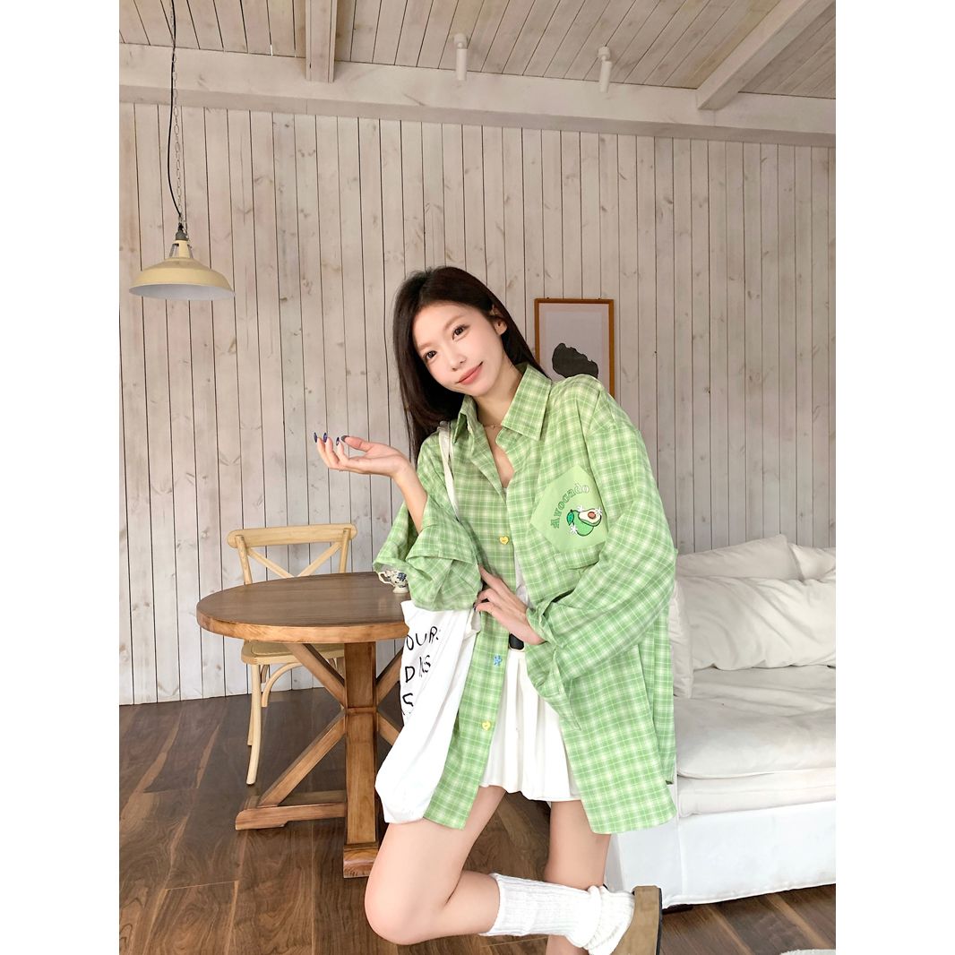 Women's Plaid Long Sleeve Shirt with Colorful Buttons and Fruit Print Pockets 2026 Fall Loose Fit Top - Image 2