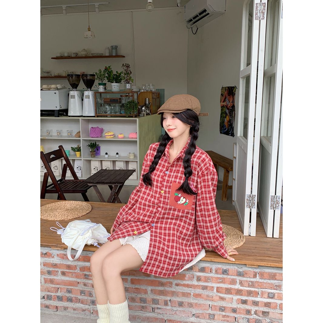 Women's Plaid Long Sleeve Shirt with Colorful Buttons and Fruit Print Pockets 2026 Fall Loose Fit Top - Image 3