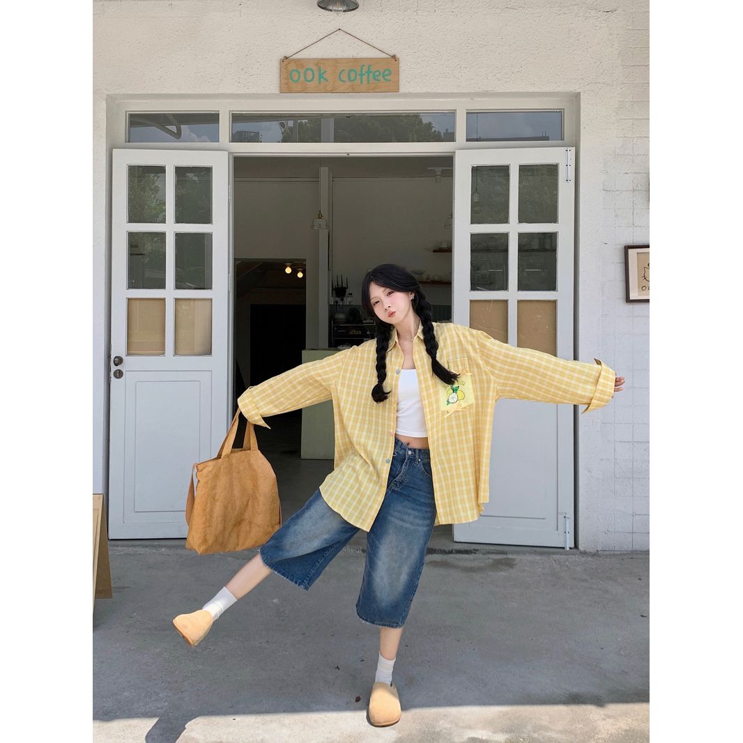 Women's Plaid Long Sleeve Shirt with Colorful Buttons and Fruit Print Pockets 2026 Fall Loose Fit Top - Image 4