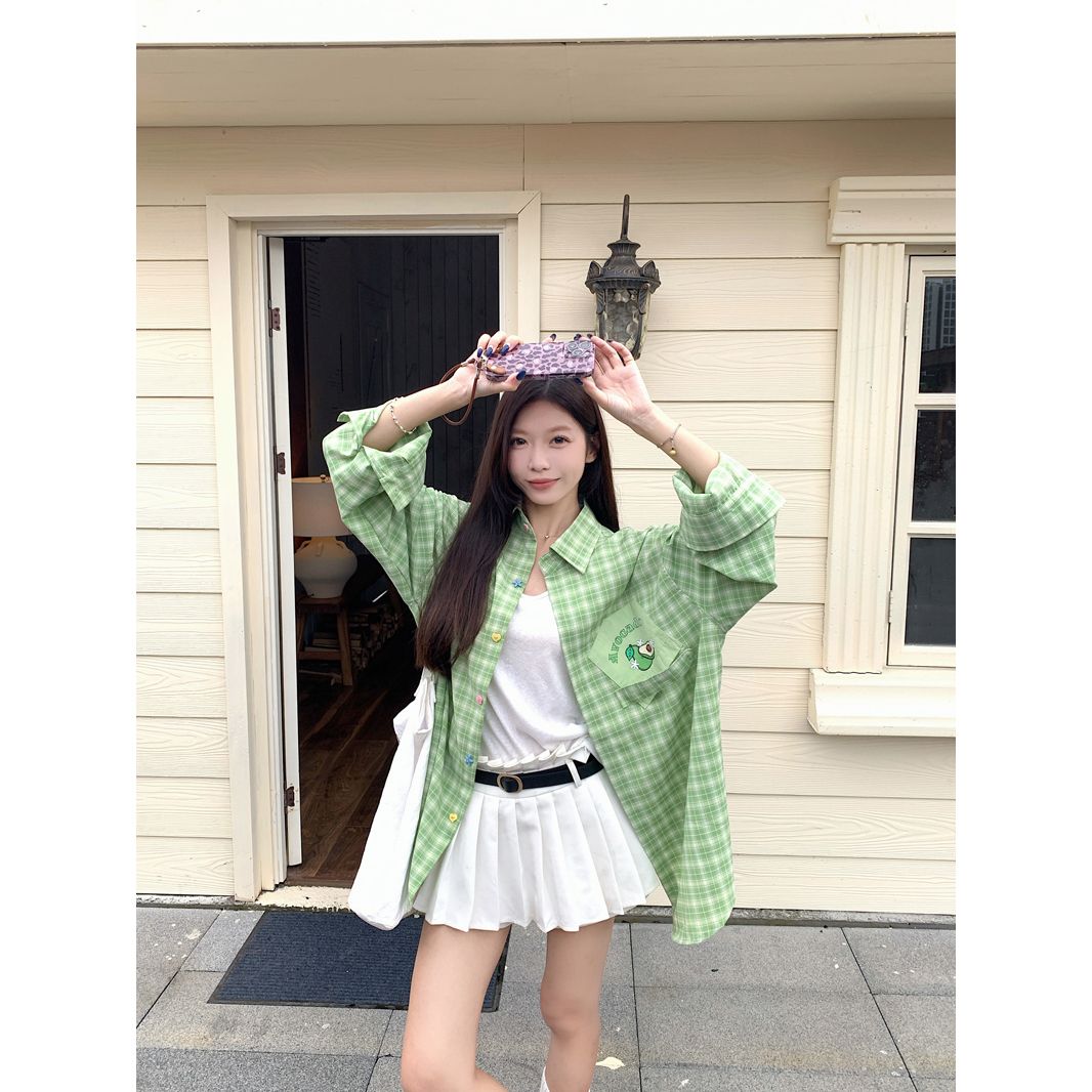 Women's Plaid Long Sleeve Shirt with Colorful Buttons and Fruit Print Pockets 2026 Fall Loose Fit Top - Image 5